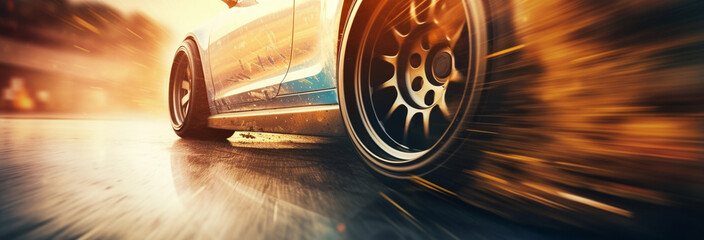 close - up view of car on the road - obrazy, fototapety, plakaty