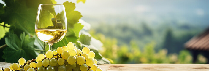 wine and grapes. white wine in a glass on a vineyard background.