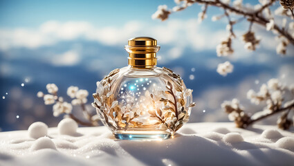 Obraz na płótnie Canvas luxury bottle of perfume in the snow