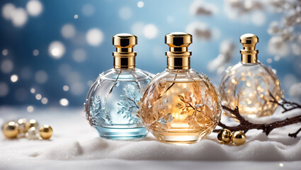 Obraz na płótnie Canvas Beautiful bottle of perfume in the snow banner