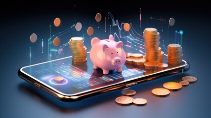 Smart Money and financial, Feature modern technology. smartphone with a savings app and coins, saving and banking concept - obrazy, fototapety, plakaty