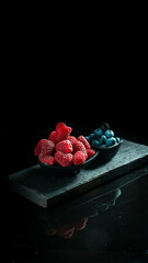 Blueberries and raspberries in a bowl on a black background