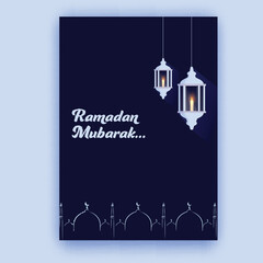 Ramadan Mubarak Template or Greeting Card Design with Lit Candle Inside Lanterns and Linear Style Mosque on Blue Background.