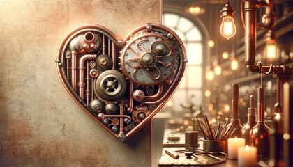 Heart-Shaped Metal Object With Gears and Cogs, Vintage Mechanical Artwork