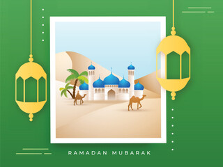 Fototapeta premium Ramadan Mubarak Greeting Card with Image of Exquisite Mosque at Desert View and Hanging Lanterns Decorated on Green Background.