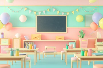 Pastel Digital Classroom Scene with Educational Elements

