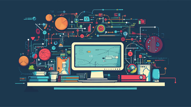 Retro computer monitor with educational icons representing the integration of technology in modern education .simple isolated line styled vector illustration