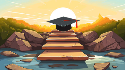 Stepping stones forming a bridge to a graduation cap symbolizing the journey to educational success .simple isolated line styled vector illustration