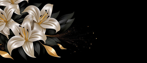 Background with Luxury golden lily flower Close-up of white lily flowers on black background. Condolences postcard. - obrazy, fototapety, plakaty