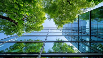 Eco-friendly building in the modern city. Sustainable glass office building with tree for reducing carbon dioxide. Office building with green environment - obrazy, fototapety, plakaty