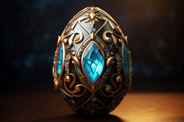An intricately designed golden egg with a glowing blue core sits against a dark backdrop,...