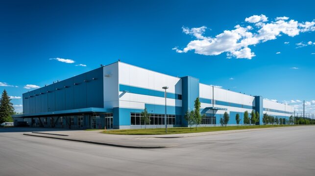 logistics center, headquarters or large office building under a blue sky