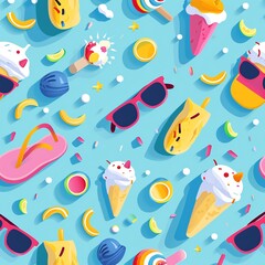 Naklejka premium Playful Summer Icons Pattern with Sunglasses and Ice Cream