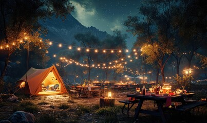 Outdoor camping with tables and cocktails and delicious food nice and realistic photo style,