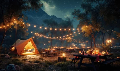 Photo sur Plexiglas Destinations Outdoor camping with tables and cocktails and delicious food nice and realistic photo style,