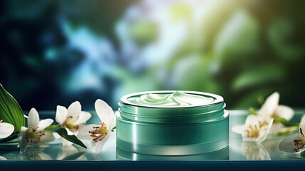 Indulge in radiance with our luscious body cream and skin moisturizer. Experience nature's touch in vibrant green packages, set against a dynamic floral backdrop