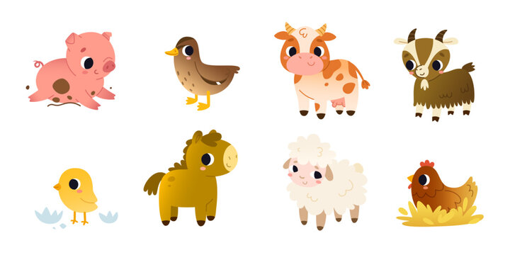 Cartoon domestic animals set for children. Vector cute farm animals collection for kids.