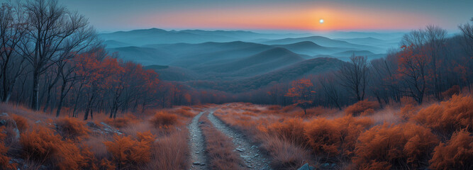 Autumn Splendor: Majestic Mountain Trail at Sunrise with Breathtaking Views