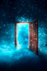 Open magical doors in a dark room. Fantasy abstract magical background with a portal, glow, smoke, smog. 3D illustration