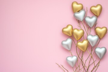 Gold and Silver Hearts on Blush Pink Background

