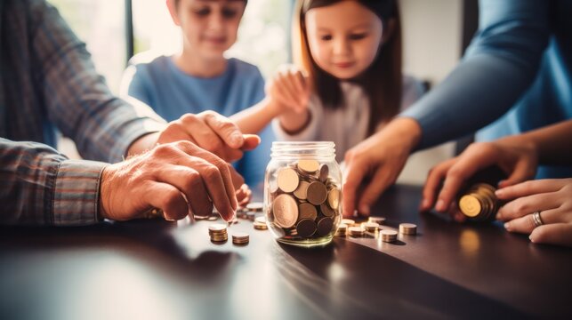 Happy family saving money into piggy bank, saving money concept