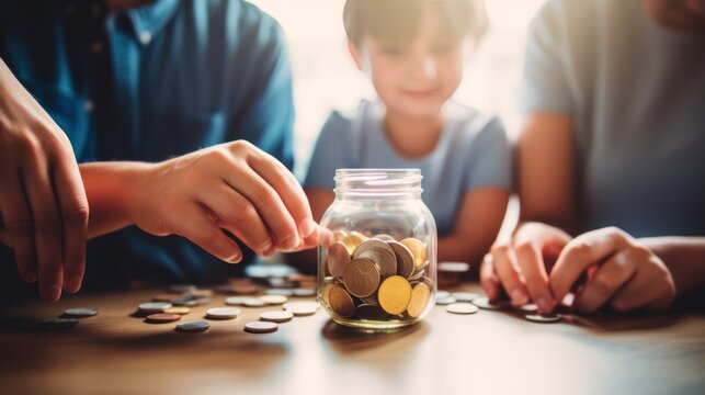 Happy family saving money into piggy bank, saving money concept