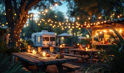 Outdoor camping with tables and cocktails and delicious food nice and realistic photo style,