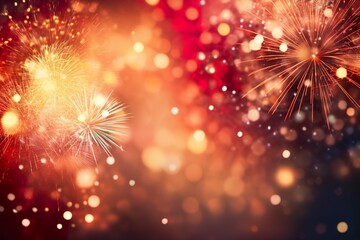 Obraz premium Red - Gold Fireworks and bokeh in New Year eve and copy space. Abstract background holiday