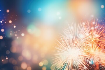 Fototapeta premium Red - Gold Fireworks and bokeh in New Year eve and copy space. Abstract background holiday