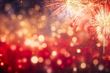 Fototapeta premium Red - Gold Fireworks and bokeh in New Year eve and copy space. Abstract background holiday