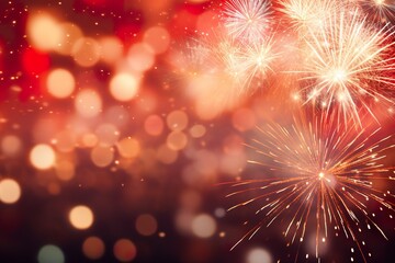 Obraz premium Red - Gold Fireworks and bokeh in New Year eve and copy space. Abstract background holiday