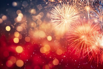 Obraz premium Red - Gold Fireworks and bokeh in New Year eve and copy space. Abstract background holiday