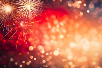 Obraz premium Red - Gold Fireworks and bokeh in New Year eve and copy space. Abstract background holiday