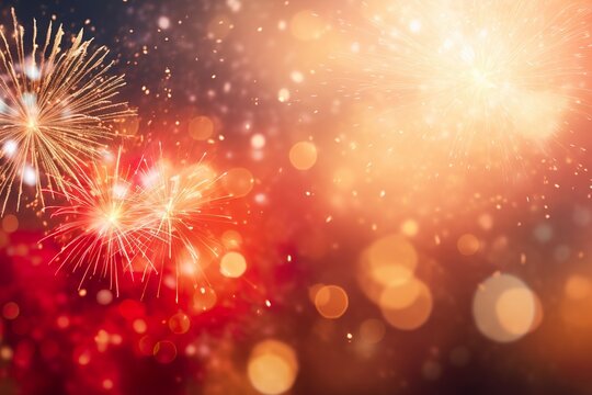 Red - Gold Fireworks and bokeh in New Year eve and copy space. Abstract background holiday