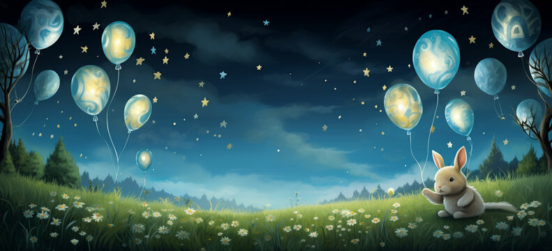 Set the illustration in a magical meadow where the baby rabbit is floating above the ground, surrounded by floating stars and balloons