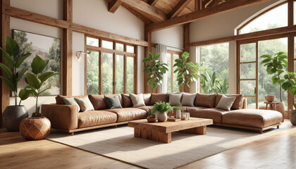 Eco-friendly living room design, large biophilic elements, natural light, sustainable materials, earthy tones, open plan, wooden beams, stone accents, comfortable and organic furniture, large leafy