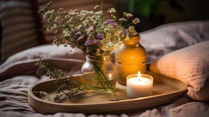 Obraz na płótnie Canvas Cozy Bedroom Tray with Lit Candle and Wildflowers