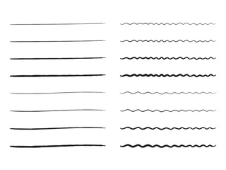 手書きの直線・波線の飾り罫のあしらいセット　　かわいいおしゃれな罫線　白黒　ベクター　Handwritten cute wavy lines and straight lines - obrazy, fototapety, plakaty