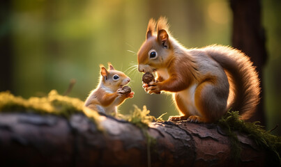 Mother feeding her little baby with copy space. Close up of grey and red squirrels with nuts in autumn.