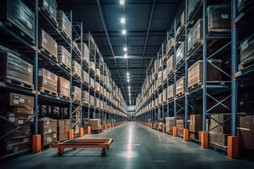 Foto op Plexiglas Warehouse with cardboard boxes inside on pallets racks, logistic center. huge, large modern warehouse © Saim