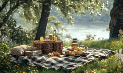 Set up a picnic blanket and basket with delicious food and drinks