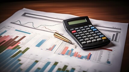Financial graphs, Metrics, Reports on table with calculator.