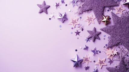 Captivating Christmas Flat Lay Composition with Sparkles and Toys in Purple Tones on a Lilac Background – Festive Top View for Seasonal Greetings and Promotional Content