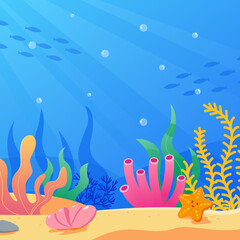 Fototapeta na wymiar Vector underwater background with colorful algae and fish in the background. Marine life, ocean. Vector illustration of cartoon algae