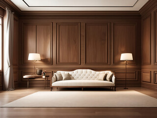 Premium style an empty room design with wooden boiserie on the wall, featuring walnut wood panel.