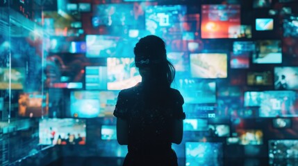 Social media concept women looking for a lot photo , person navigating the blurred lines between the virtual and physical worlds, highlighting the impact of technology on daily life