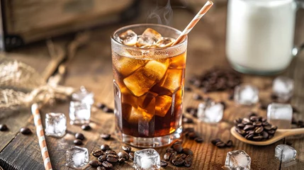 Foto op Plexiglas Cold coffee with ice and milk. selective focus. Generative AI, © Milena