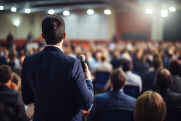 Fototapeta premium Businessman Giving a Speech on Stage during a Seminar