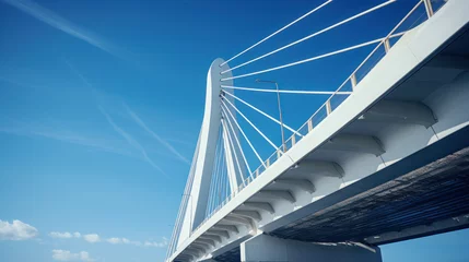 Fototapeten Support element of a high cable-stayed bridge with steel pylons. Backlight. Clear blue sky. © PaulShlykov