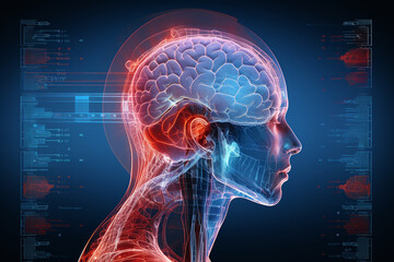 3d Illustration of Female Head with Brain Anatomy over blue background